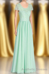 Sage Green Lace and Chiffon Cap Sleeve A-Line Long Bridesmaid Dresses
